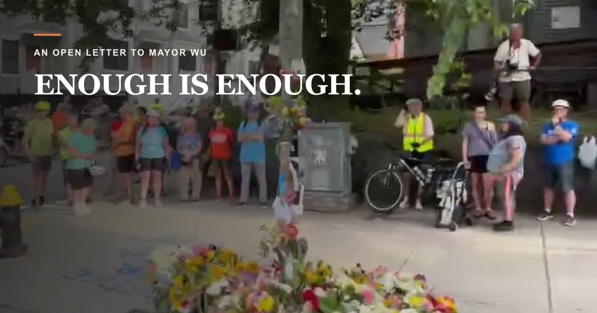 Enough Is Enough open letter graphic over a vigil for safer streets